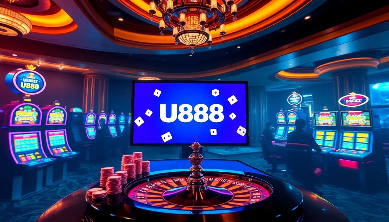 Place bets at U888's glamorous casino featuring poker tables and vibrant slot machines.