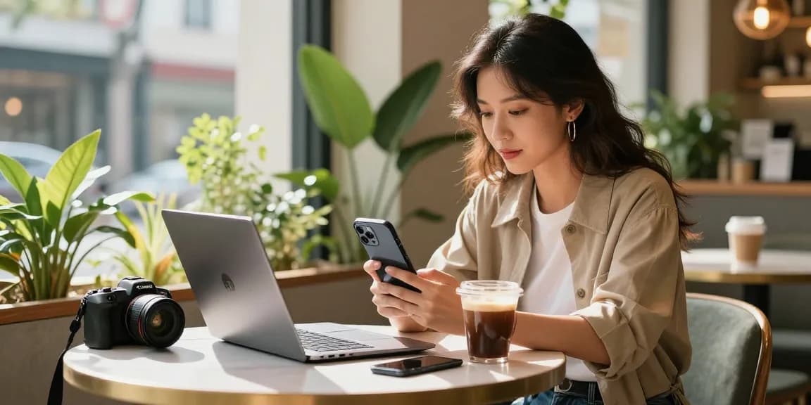 Engaging scene highlighting where to buy Instagram views with influencers checking social media in a vibrant café.