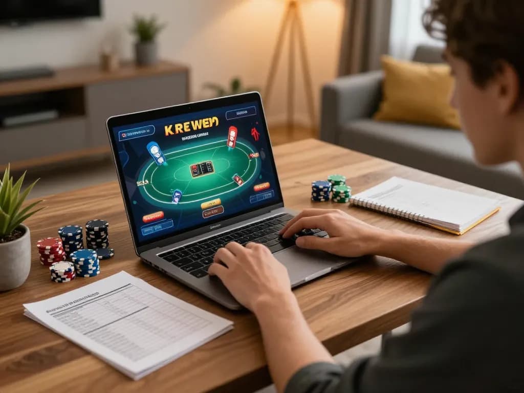 Engaging in online poker strategy at 388bet, with focused player and gaming setup.