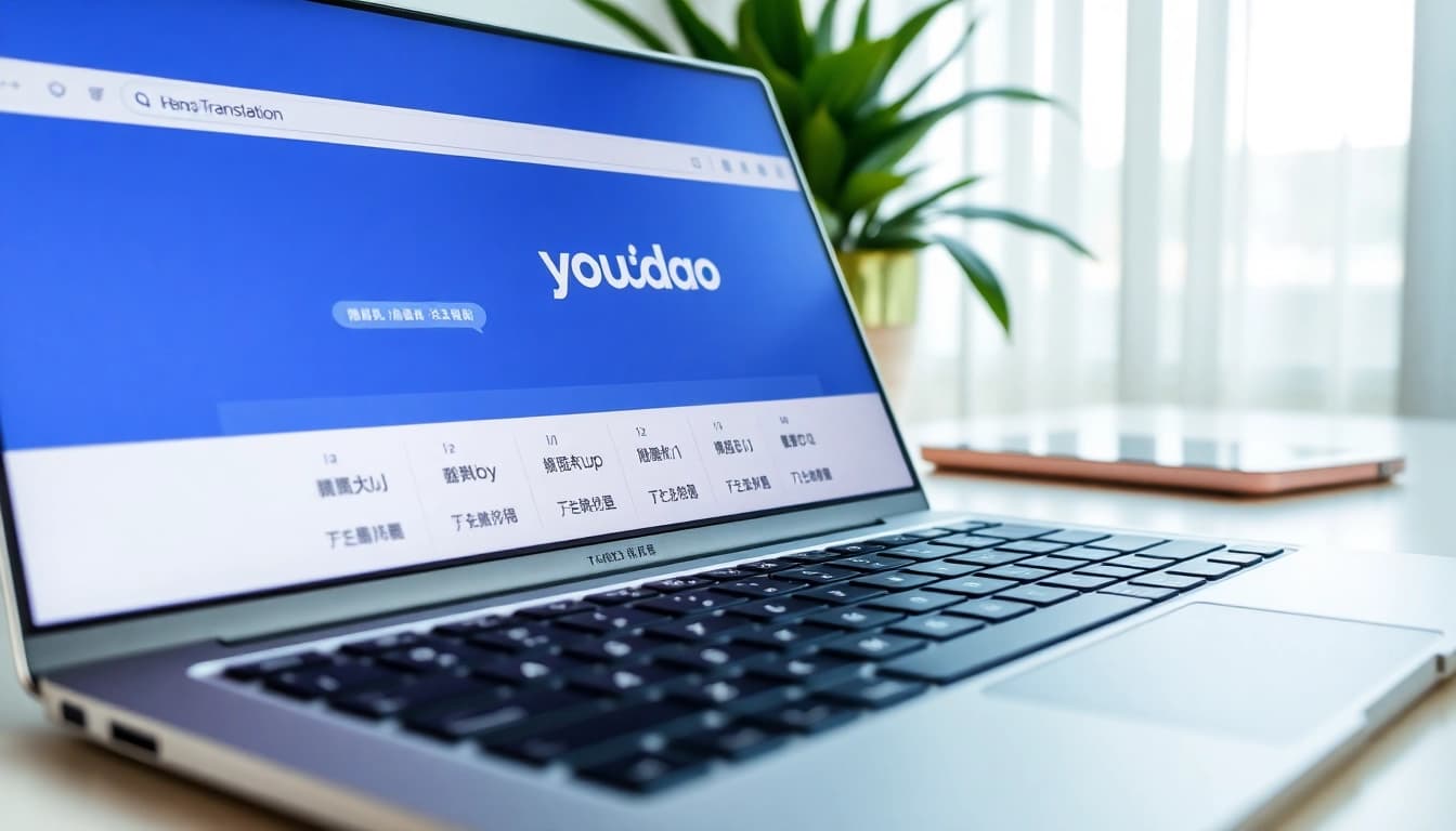 Engaging interface of youdao翻译 on a modern laptop with a bright workspace.