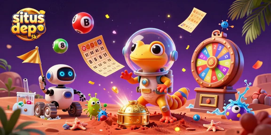 Engage with exciting games at situs depo 5k, featuring vibrant elements like golden tickets and a dynamic scene.