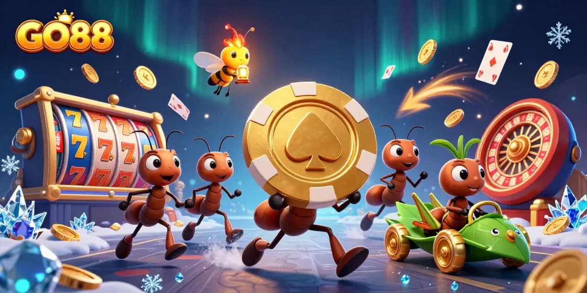 GO88 ants carry giant poker chip in a dynamic casino scene with slot reels and casino elements.