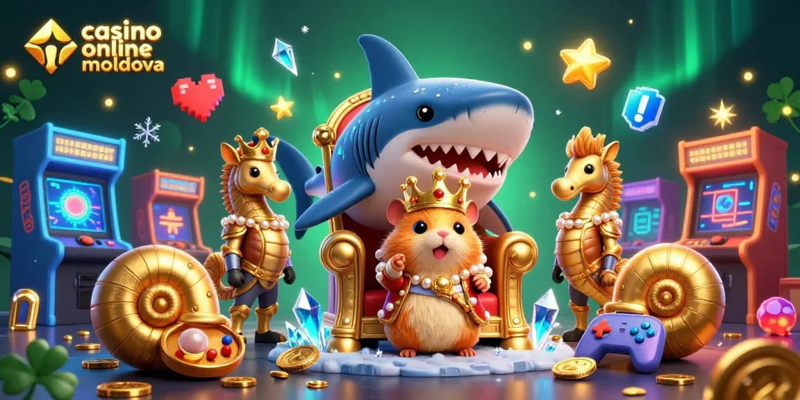 Sloturi online și câștiguri palpitante la casino online moldova, cu un rege hamster aurit pe tron și personaje fascinante în jur.