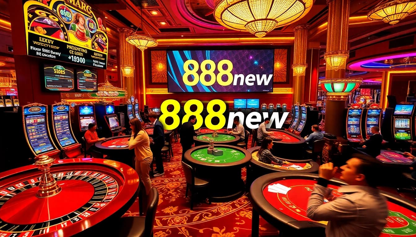 Players enjoy games at a luxurious casino, featuring 888new-themed chips and slot machines.