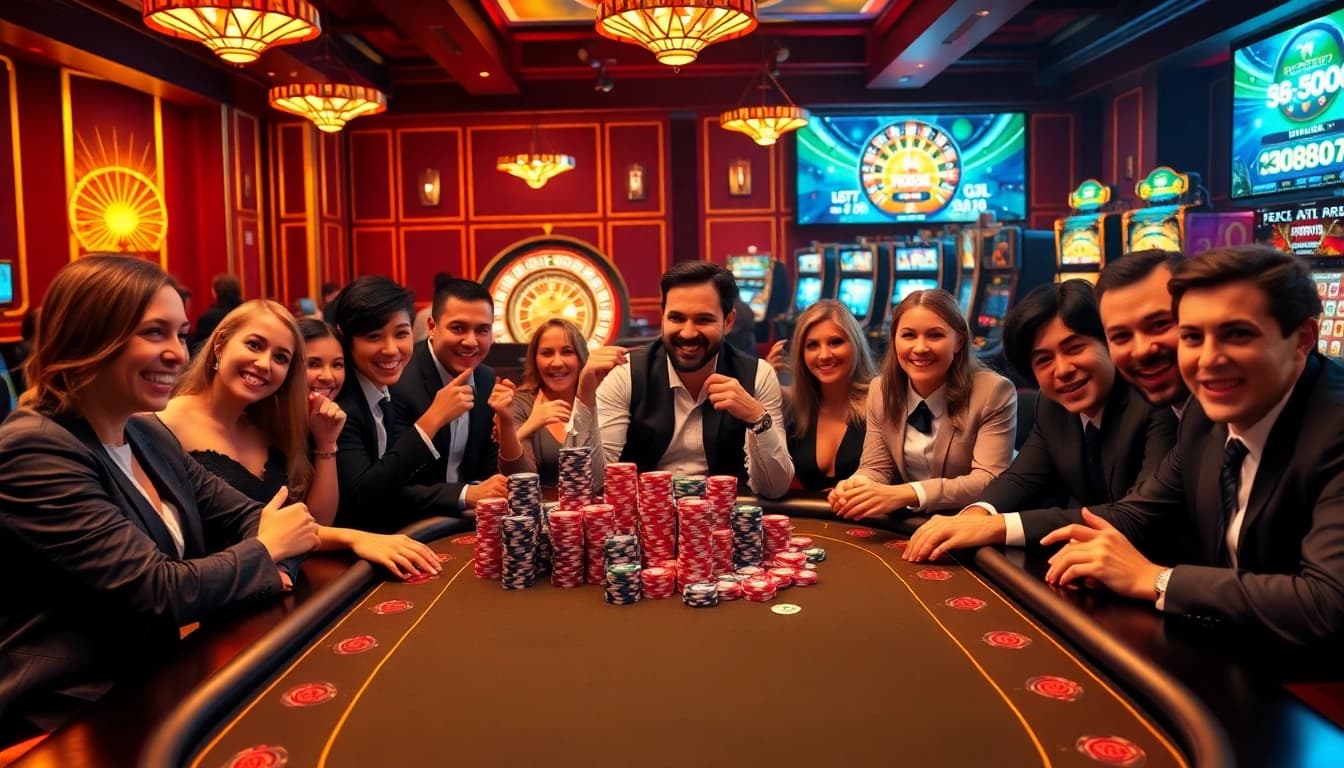 Players enjoying an exciting game at DH88's luxurious poker table in a vibrant casino atmosphere.