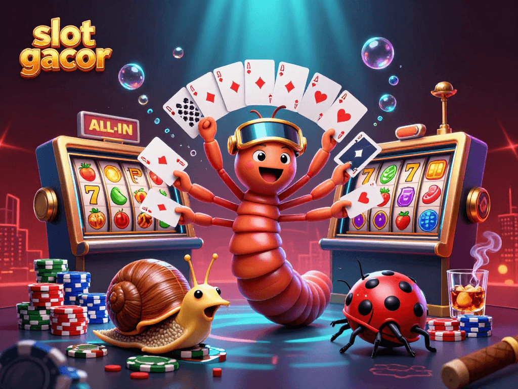 Memutar slot gacor dengan dealer milipede 3D dan pemain bergaya, suasana kasino yang meriah.