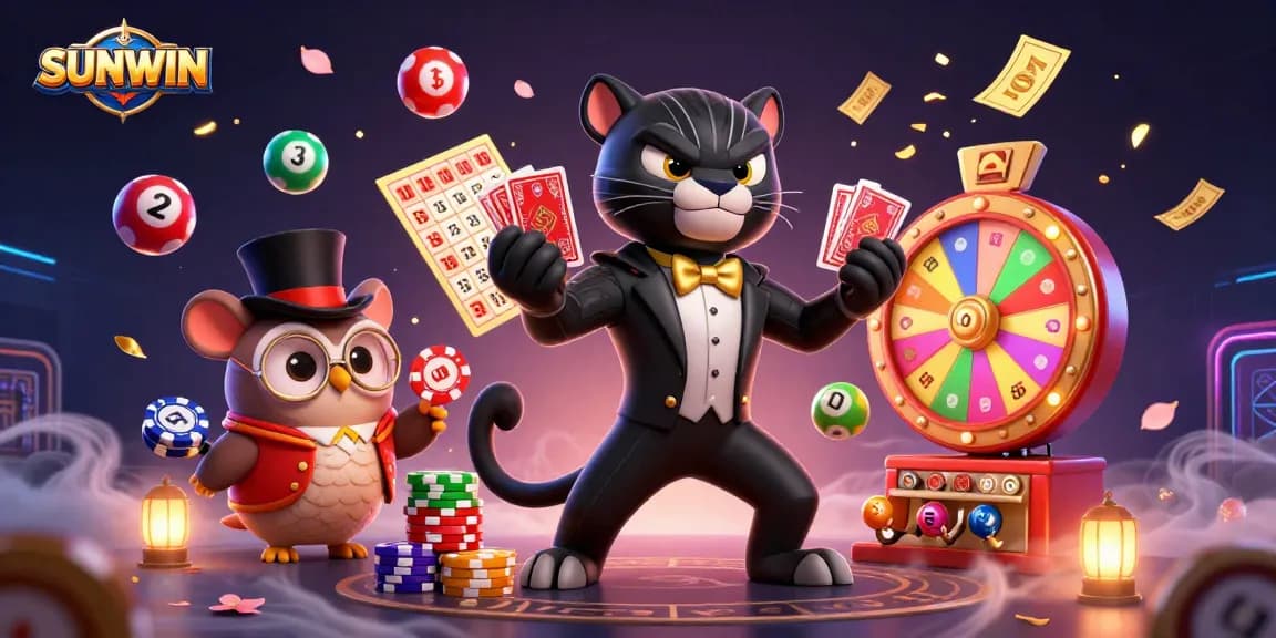 SUNWIN players enjoying vibrant gaming experience with 3D characters in a lively casino atmosphere