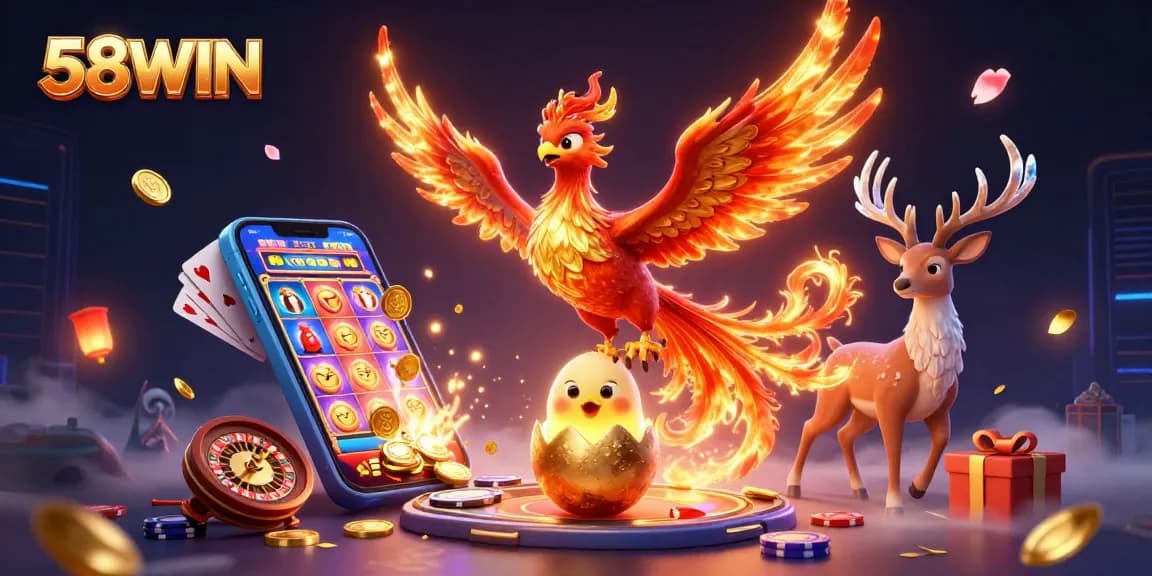Engage with vibrant 58WIN gaming adventure featuring a phoenix and slot games animatedly displayed.