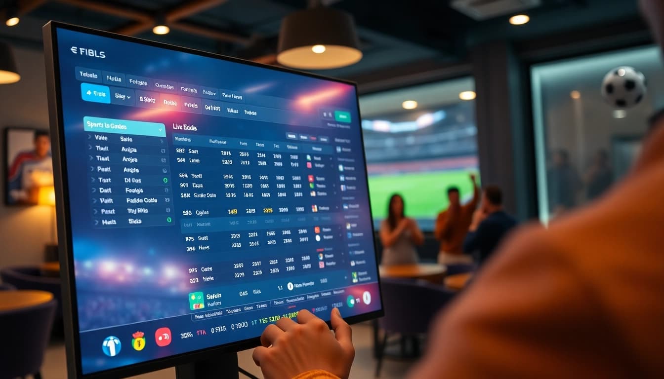Displaying live football odds (tỷ lệ kèo) on a modern sports betting website interface in a lively sports lounge.