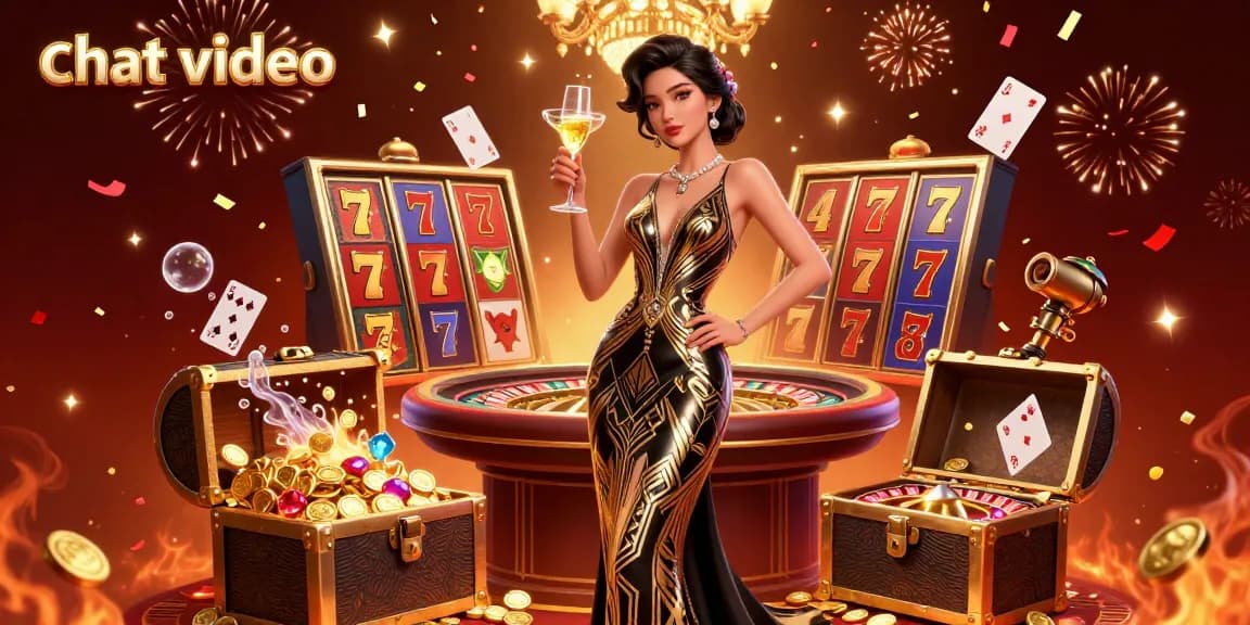Experience thrilling chat video interactions with real players, surrounded by slot machines and golden jackpots.
