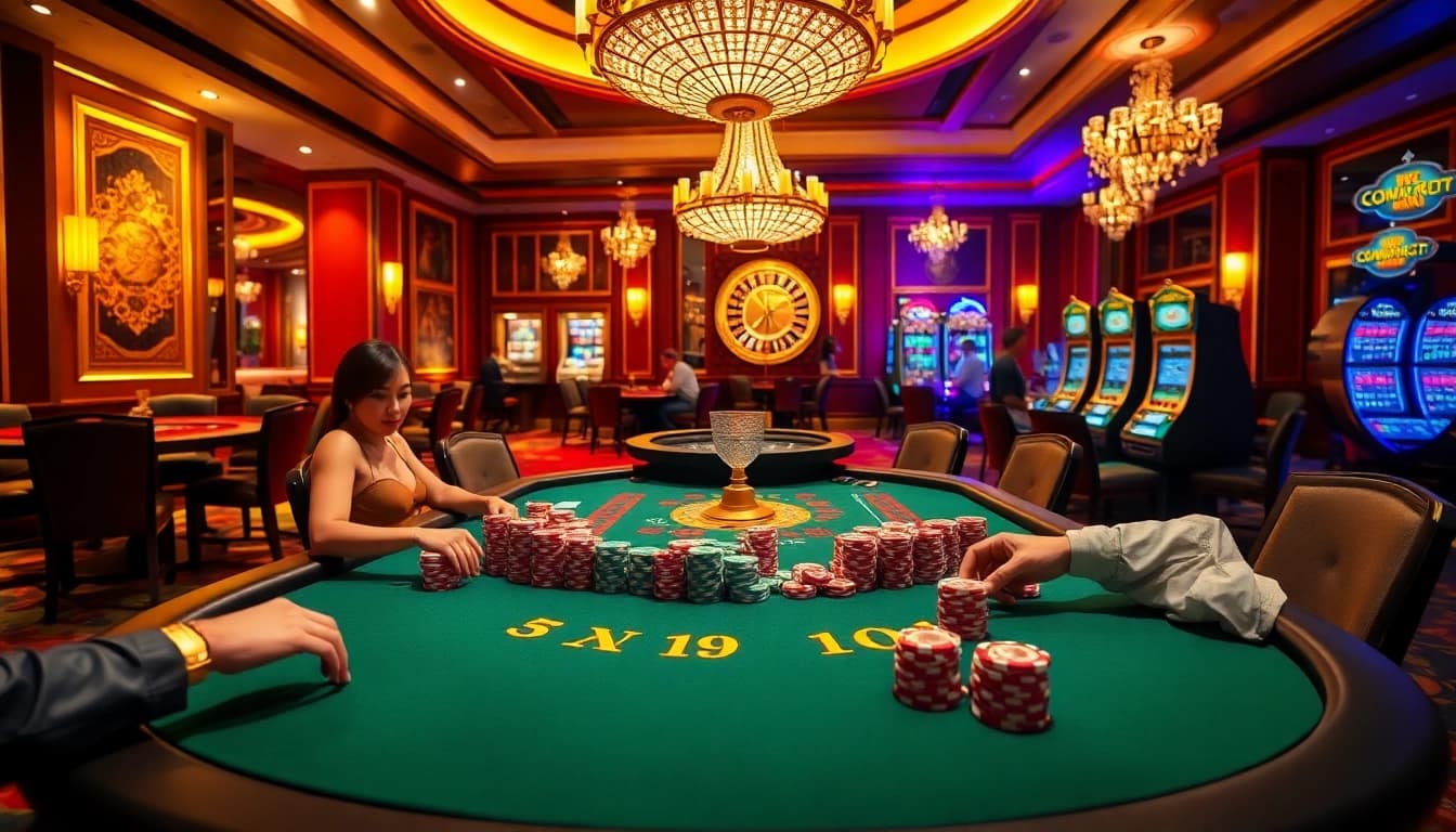 Experience the thrill of gambling at https://luckywin.fan/ with a luxurious casino scene showcasing poker and roulette.