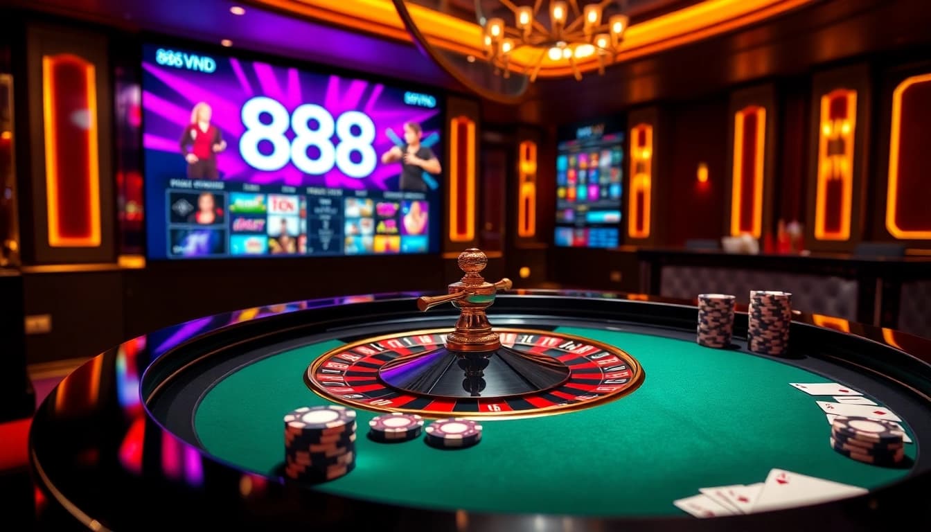 Experience the excitement of gaming at https://888vnd.org/ with a vibrant casino scene showcasing roulette and poker.