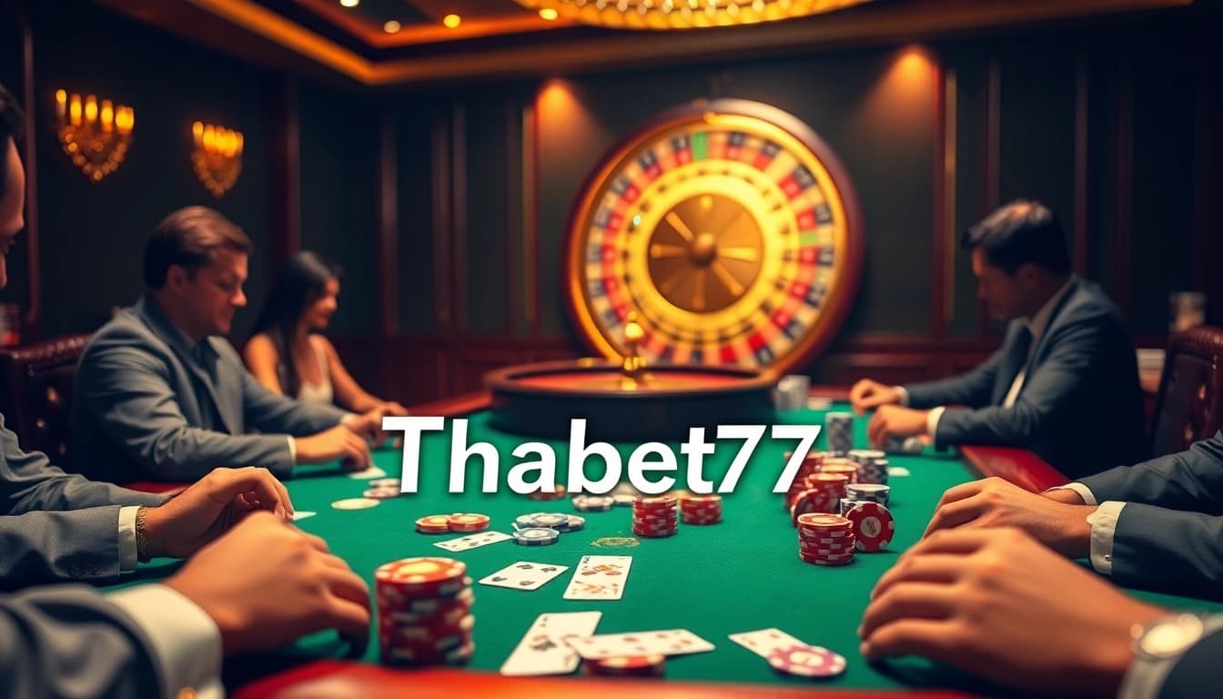 Players enjoying a thrilling poker game at Thabet77 casino, showcasing vibrant chips and cards.