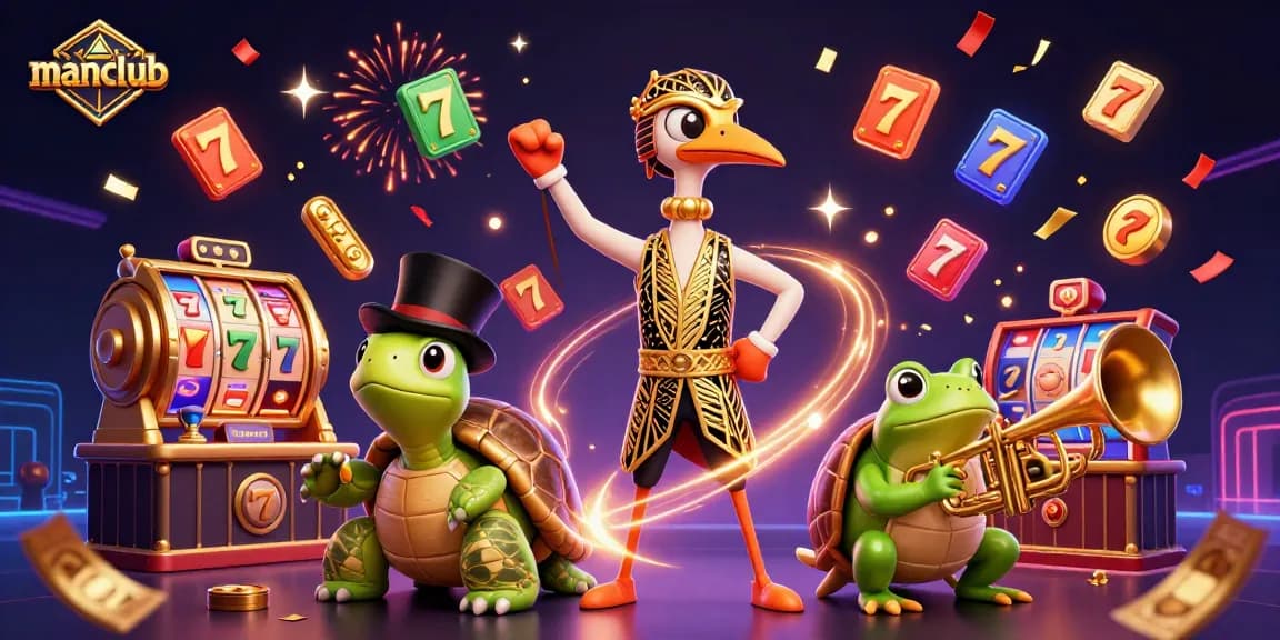 Experience manclub as colorful slot reels surround lively characters in a vibrant casino scene.