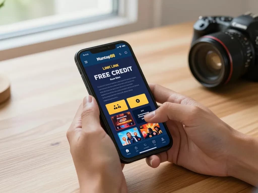 Mantap88 - Best Link Free Credit Casino app displayed on smartphone held in hand, showcasing gaming excitement and rewards.