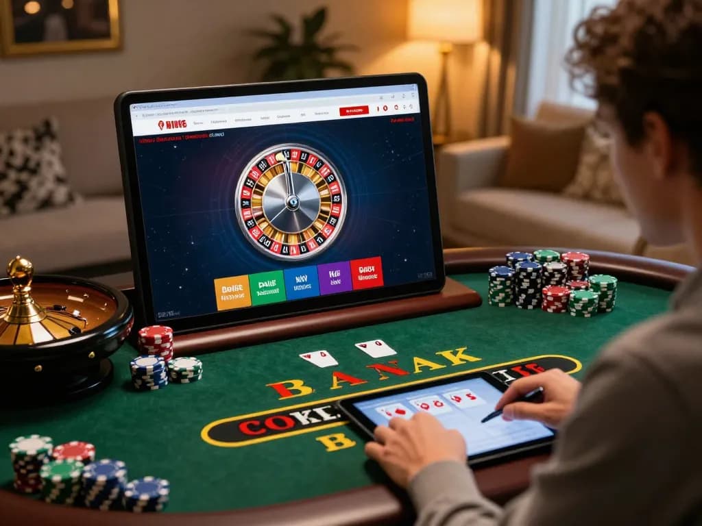 Engaged player enjoying dn88 blackjack on tablet with chips and roulette wheel visible