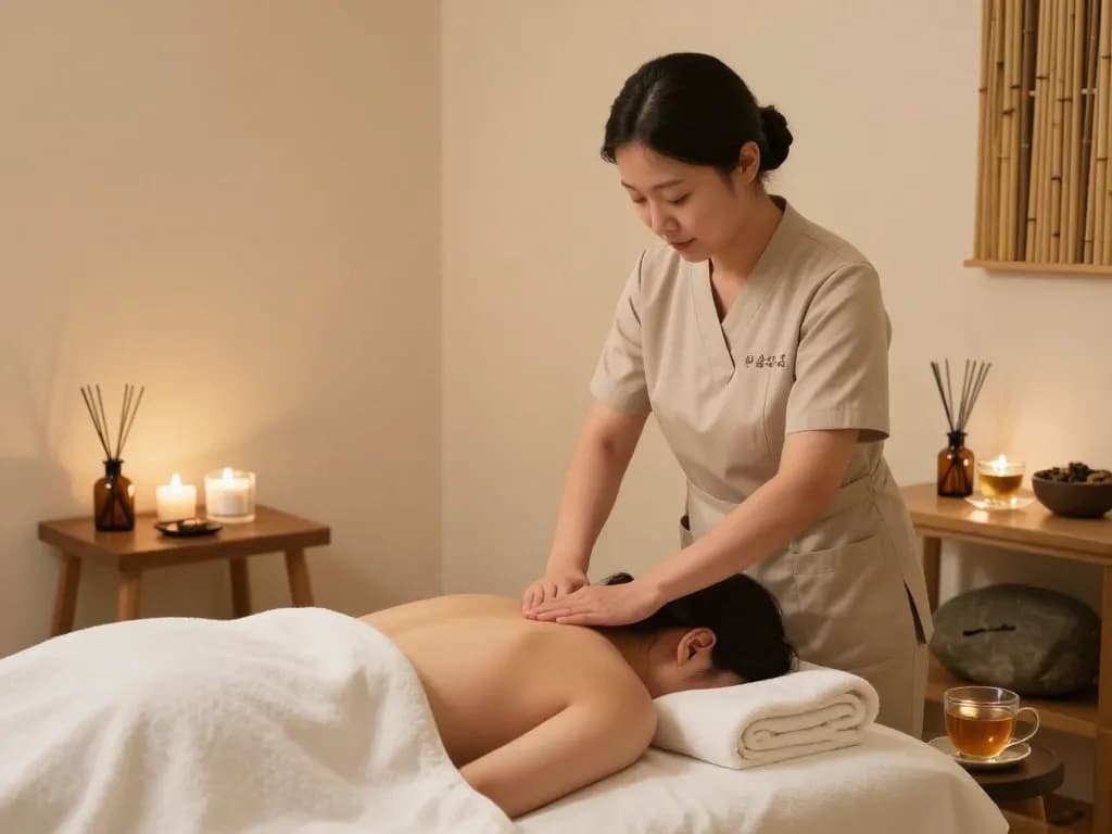 Relaxing atmosphere for 역삼동마사지 with therapist and soothing decor.