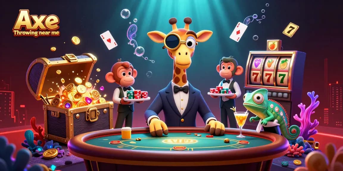Axe Throwing near me scene featuring vibrant casino elements with a high-roller giraffe and colorful decorations