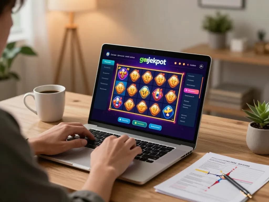 Engaging online gaming scene with gojekpot interface displayed on a laptop at home, promoting responsible gambling.