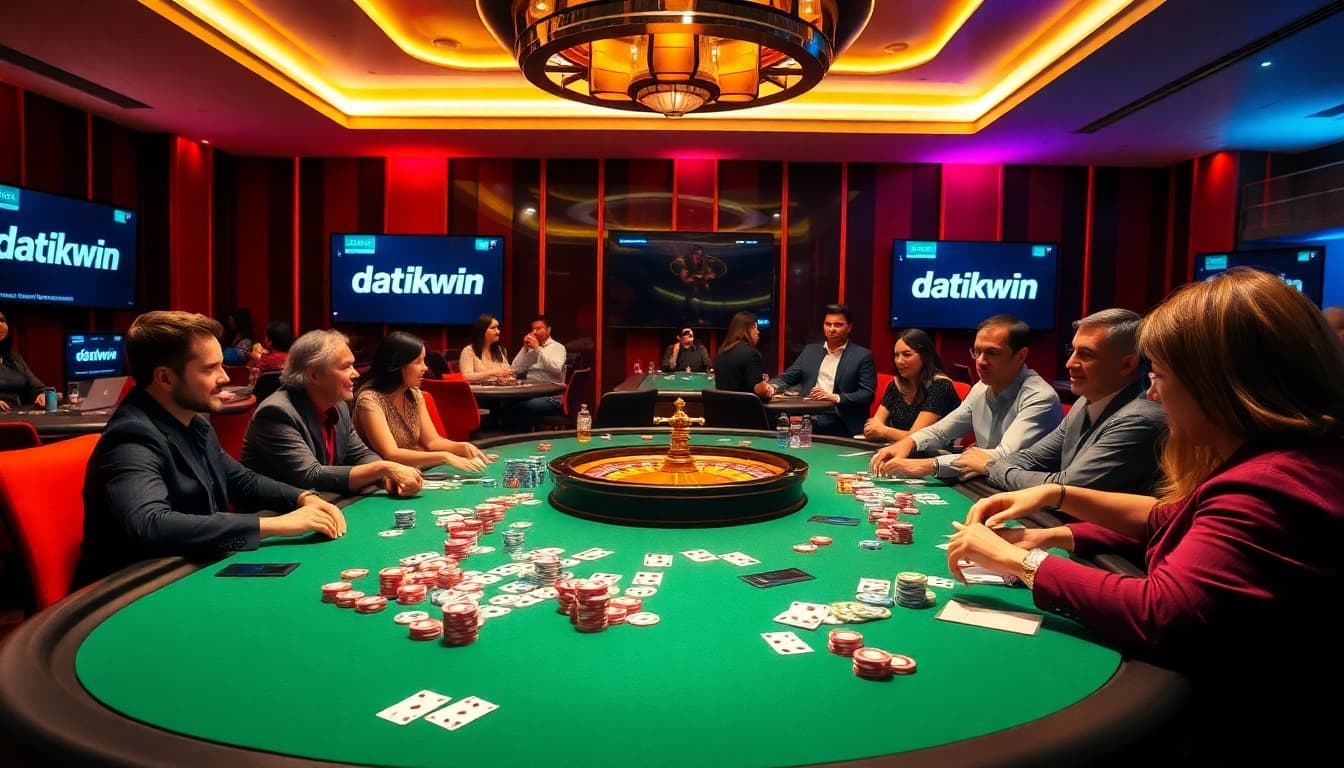 Permainan poker taruhan tinggi di kasino mewah dengan antarmuka taruhan datukwin terlihat.