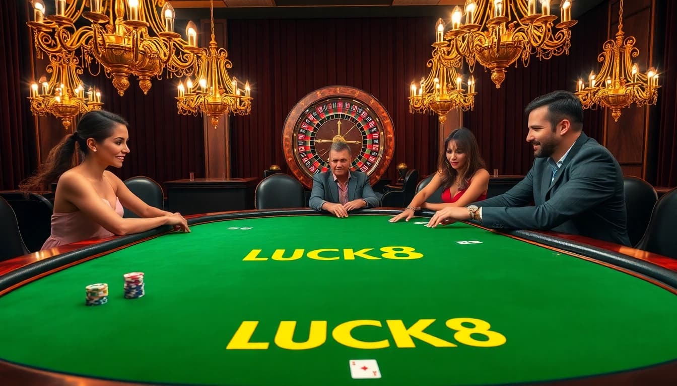 LUCK8 players enjoying a vibrant poker game at an upscale casino.