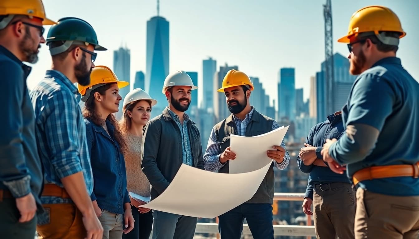 Workers collaborating on construction plans as New York City General Contractor in the background.