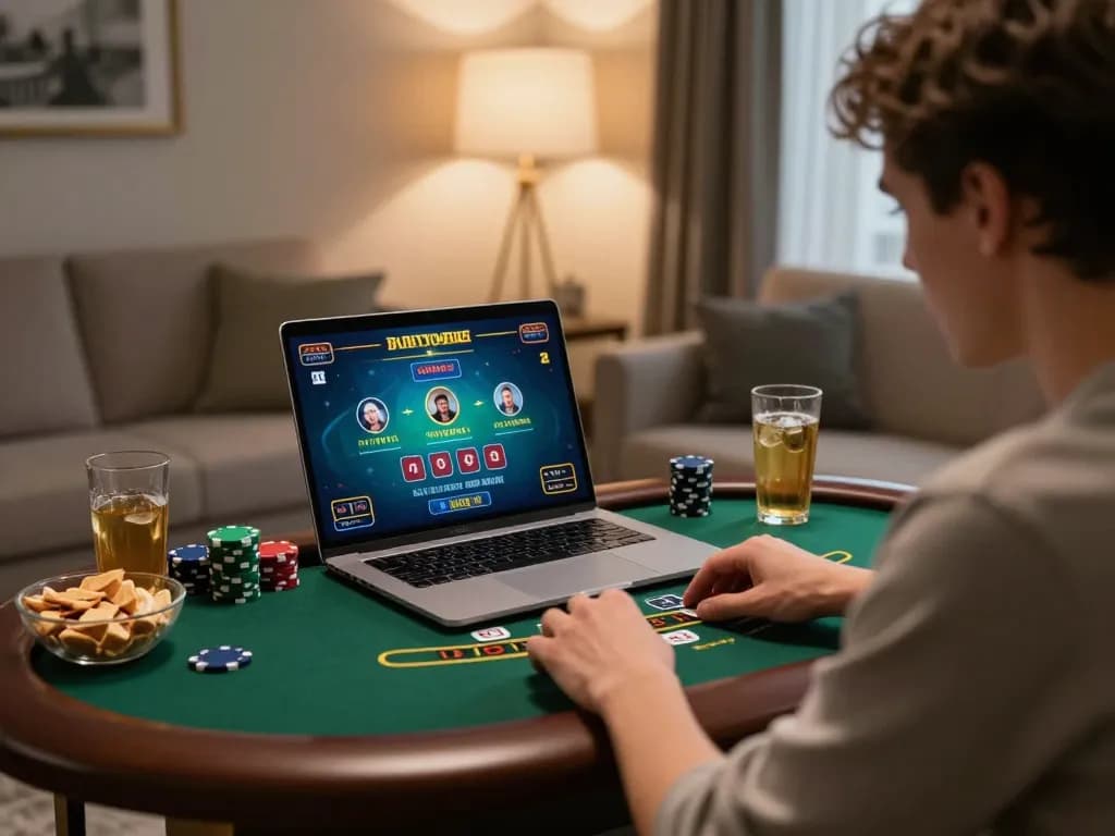 Open88 user engaging in strategic betting during an online blackjack game, showcasing a comfortable home environment