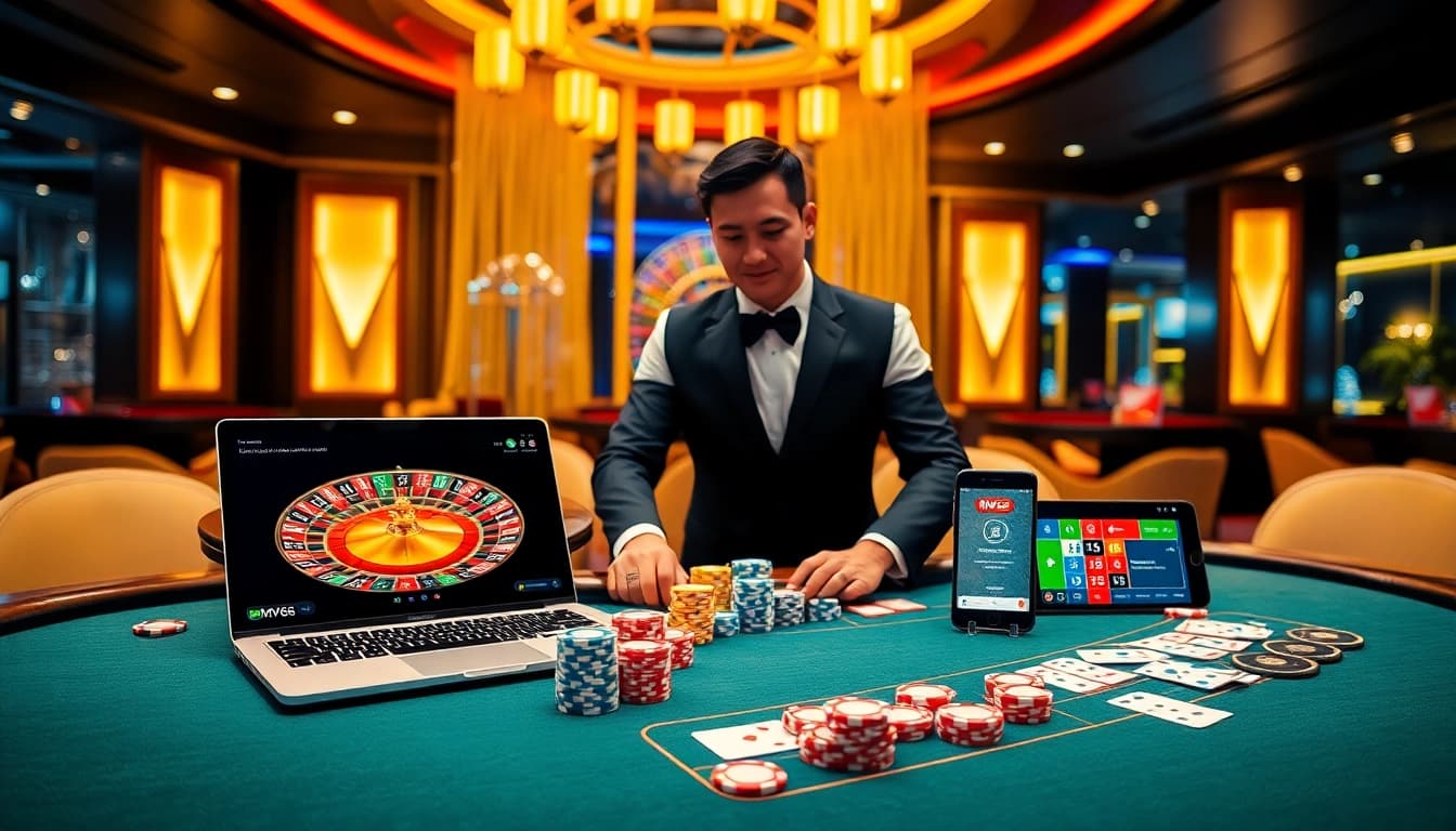 Experience the thrill of Nhà cái MV66 with vibrant casino games and luxurious decor.