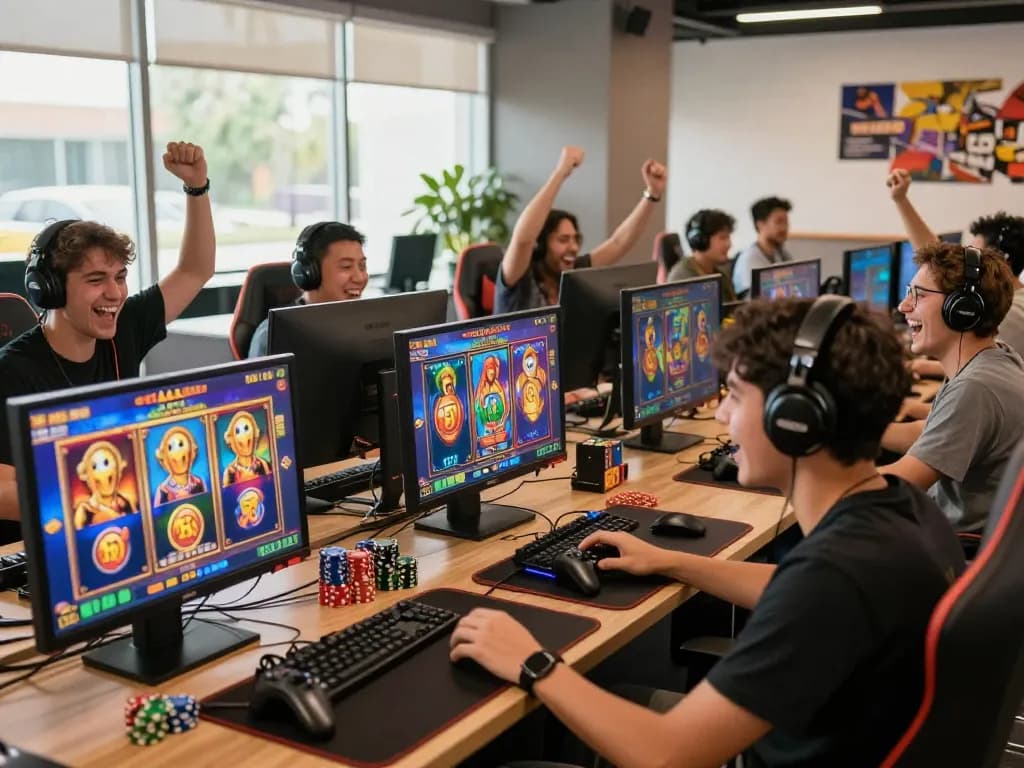 Engaged players enjoying slot gacor games in a vibrant gaming lounge