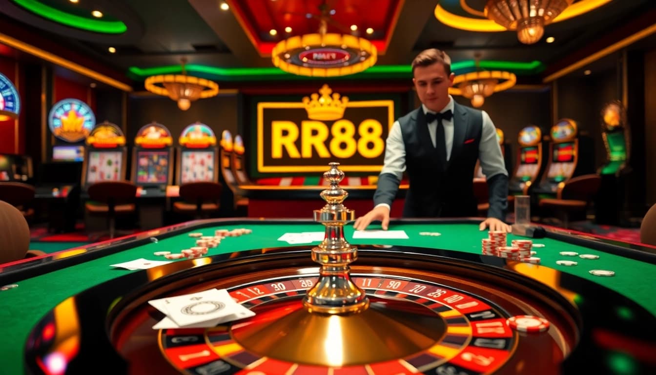 Experience the excitement of RR88 with luxurious casino tables, slot machines, and vibrant betting slips.