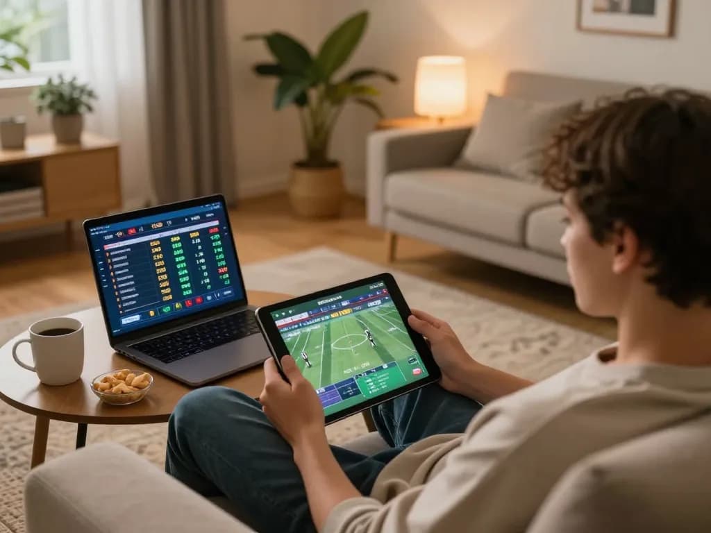 Person engaging in online sports betting on tablet, exploring odds and strategies on xoilac platform.
