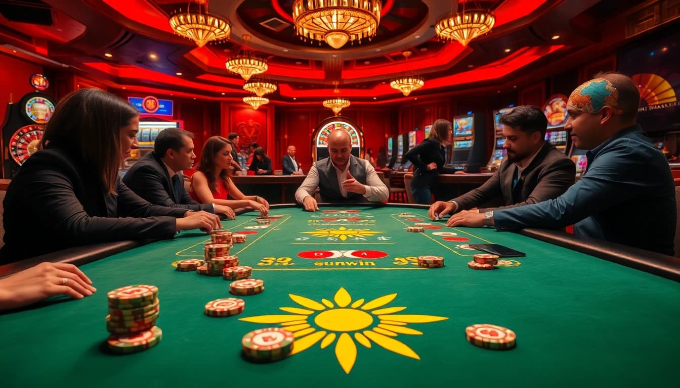 Experience thrilling gameplay at sunwin's luxury poker table with vibrant chips and focused players.