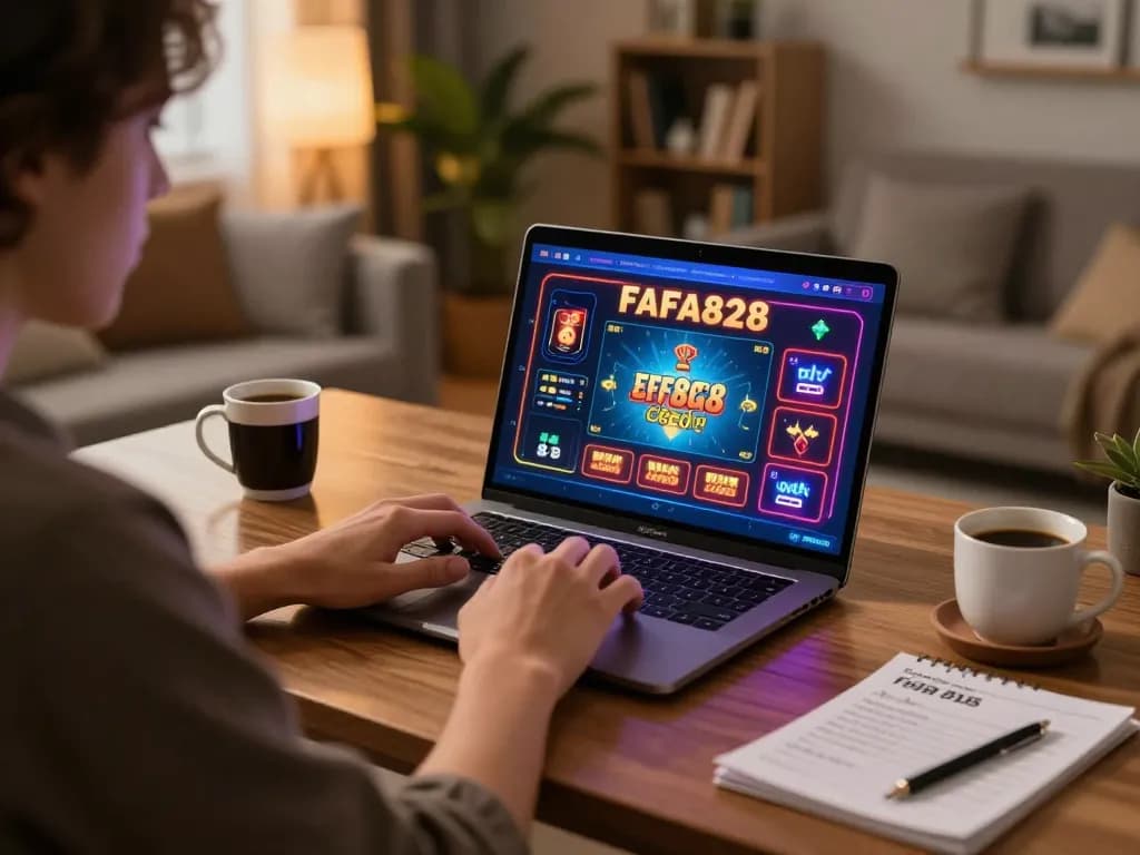Player enjoying FAFA828 online casino experience at home with laptop and strategy notes.