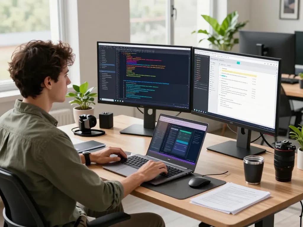 Developer utilizing molt bot in a modern workspace with dual monitors and engaging workspace styling.