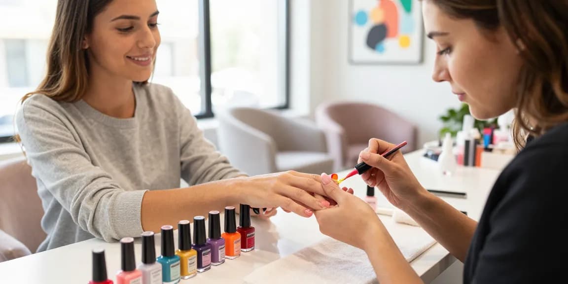 Aplicând oja semipermanenta vibrantă într-un salon de unghii stylish.