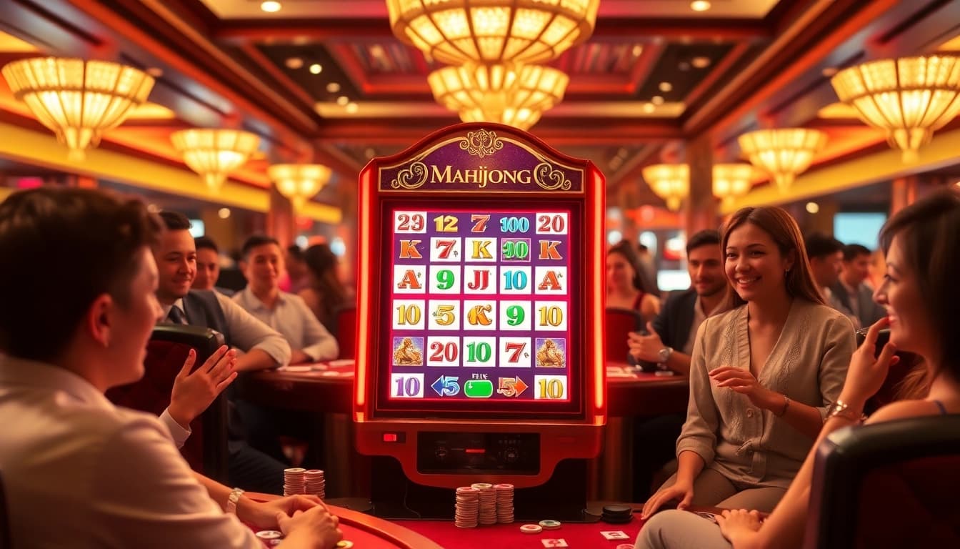 Players enjoying a mahjong slot demo at an elegant casino atmosphere filled with vibrant colors and excitement.