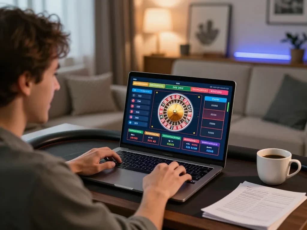 Player enjoying F8 BET online roulette game at home, engaging in responsible gaming with strategic notes.