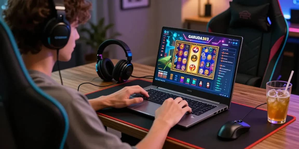 Engaging GARUDA303 online gaming experience with vibrant slot games displayed on a laptop screen.