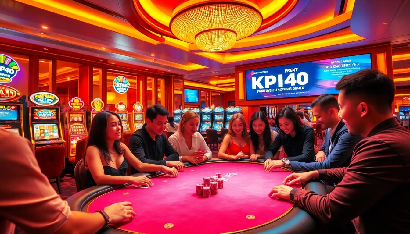 KPI4D players strategizing at a luxurious poker table amidst colorful slot machines.