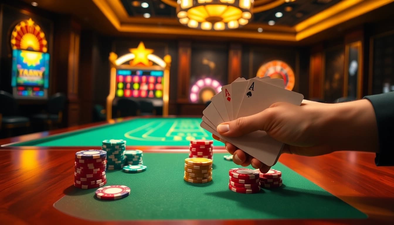 Chip poker Datukwin ditumpuk tinggi di atas meja kasino mewah selama permainan yang seru.