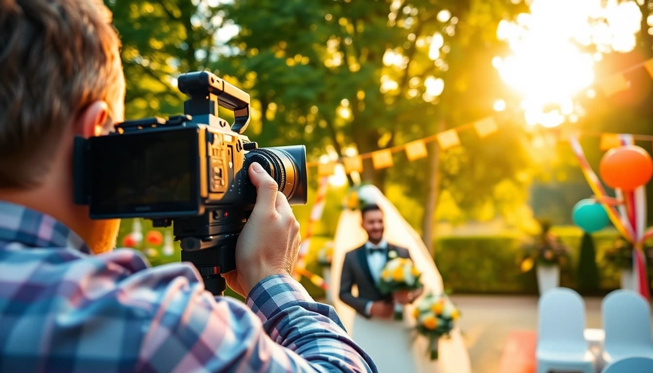 Edmonton videographer capturing a beautiful wedding scene in a vibrant outdoor setting.