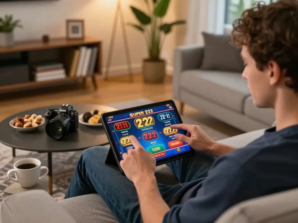 Player enjoying Super 222 online casino gaming on tablet in cozy living room