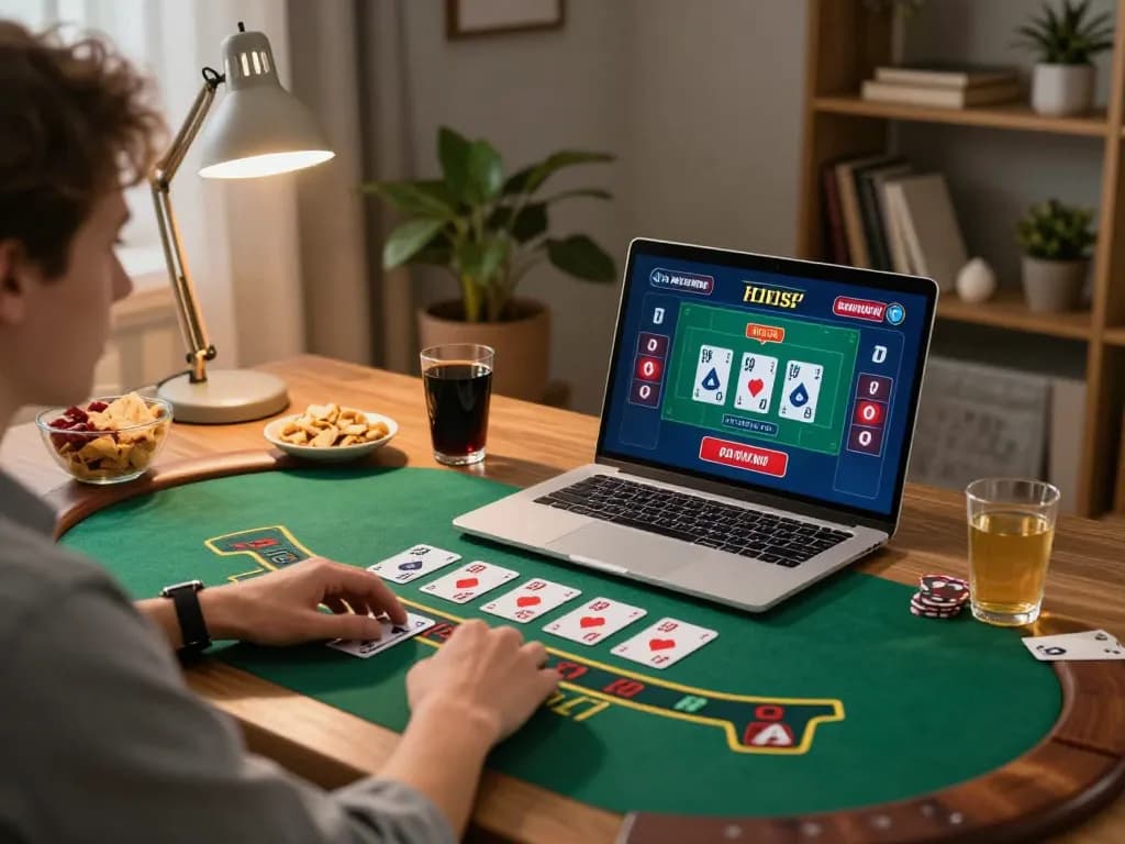 Engaged player on 3Win com experiencing live blackjack, vibrant home gaming setup, responsible entertainment.