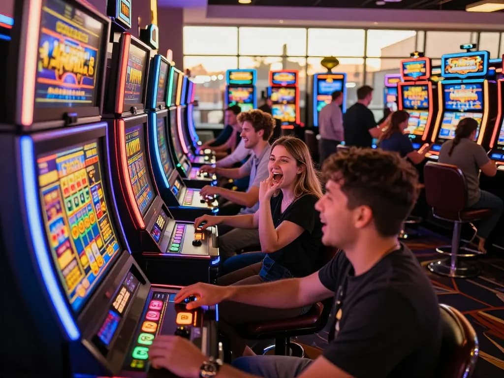 Players engaged with slot gacor machines, celebrating wins in lively casino atmosphere.