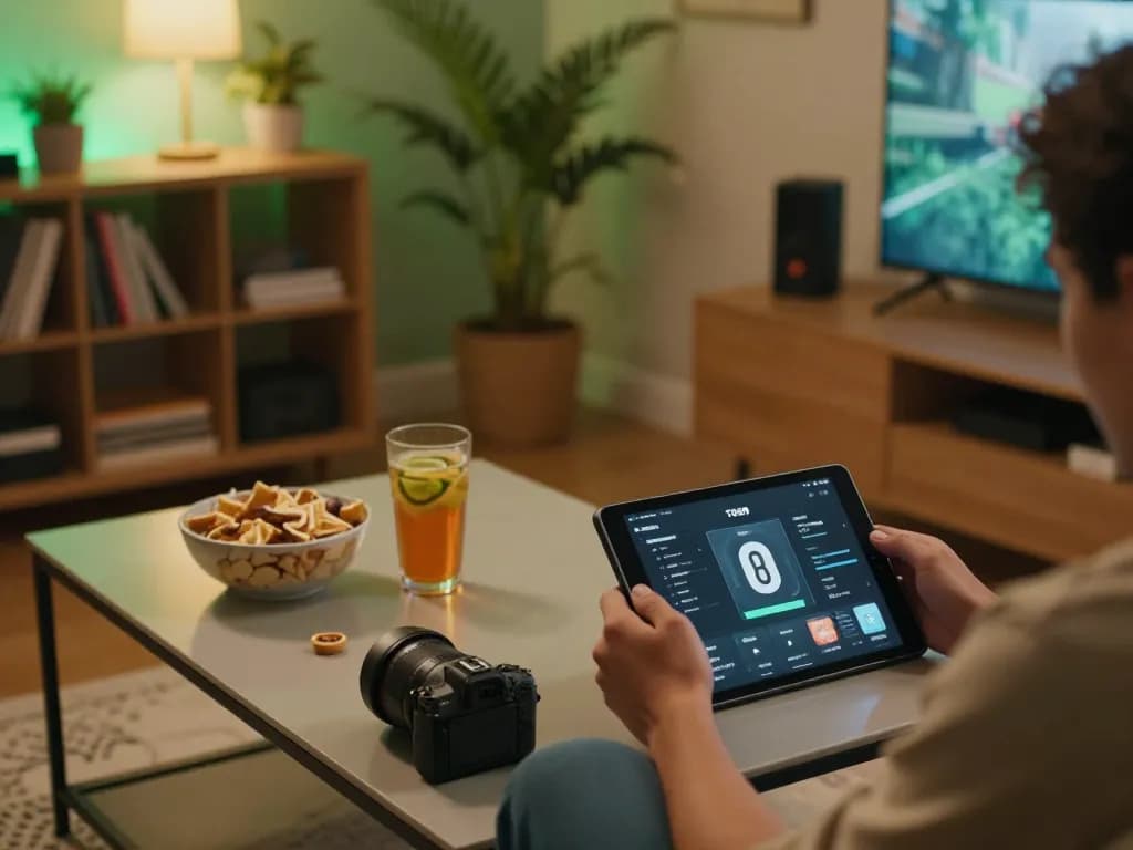 Player enjoying TG88 online casino on tablet in a cozy home setting