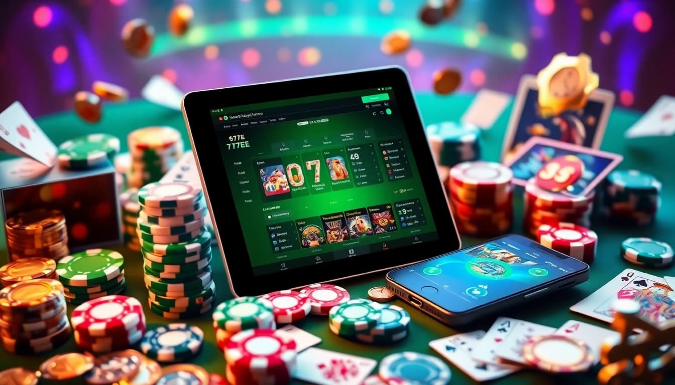Explore the exciting digital gaming experience at 77EE, featuring a modern casino interface with vibrant elements.