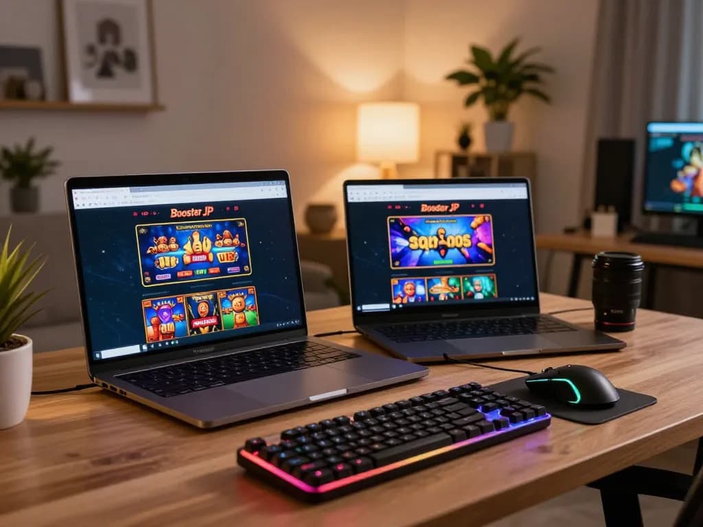 Enjoy exciting gameplay on Booster JP with a sleek laptop and vibrant gaming setup