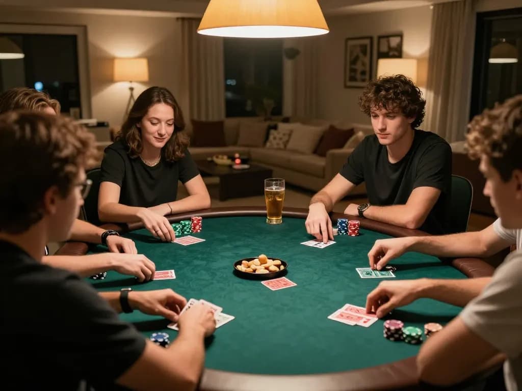 Players enjoying a strategic poker game at home, focusing on sunwin betting techniques.