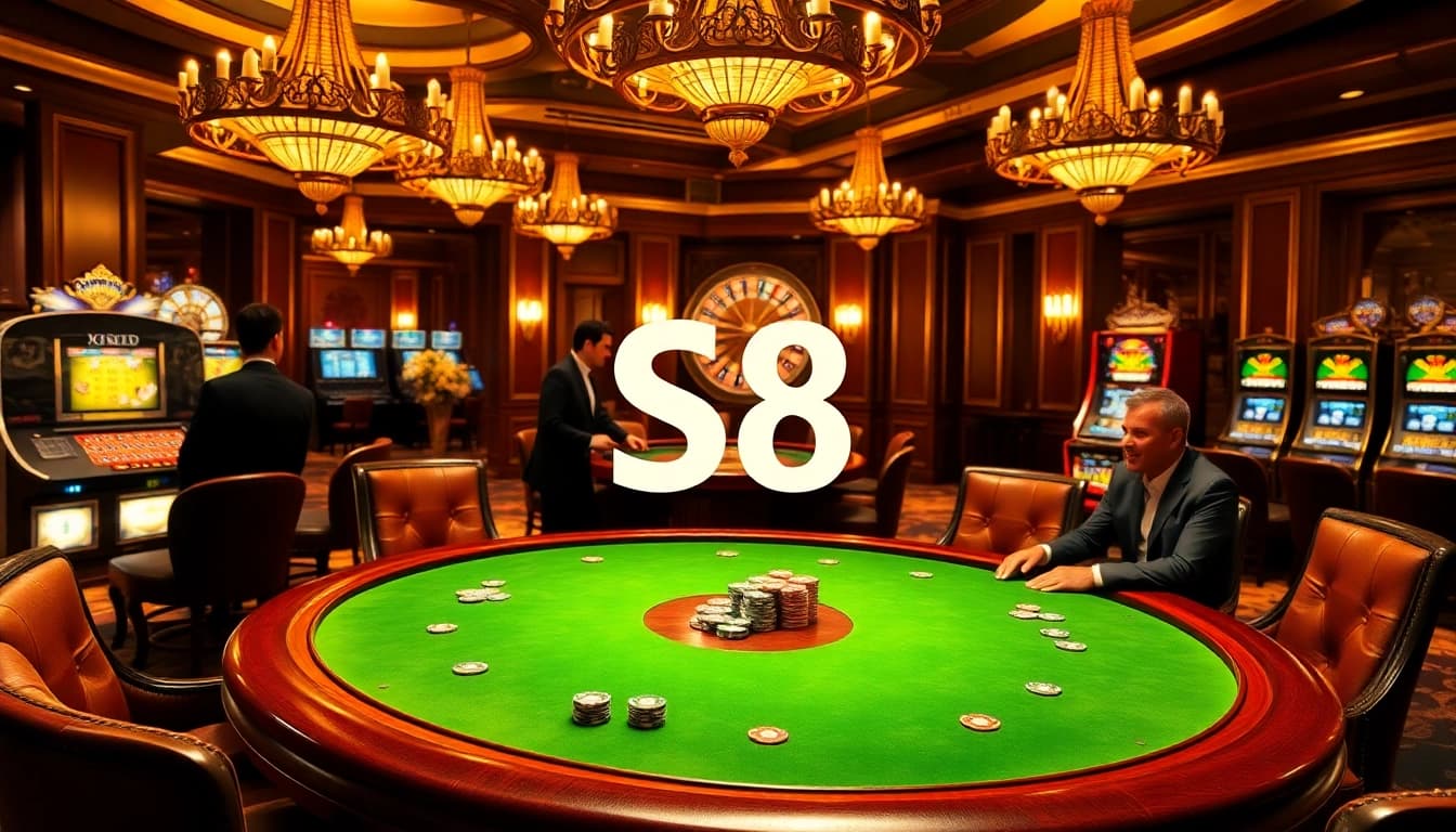 Exciting casino action with S8 at a poker table surrounded by luxury decor and vibrant lights.