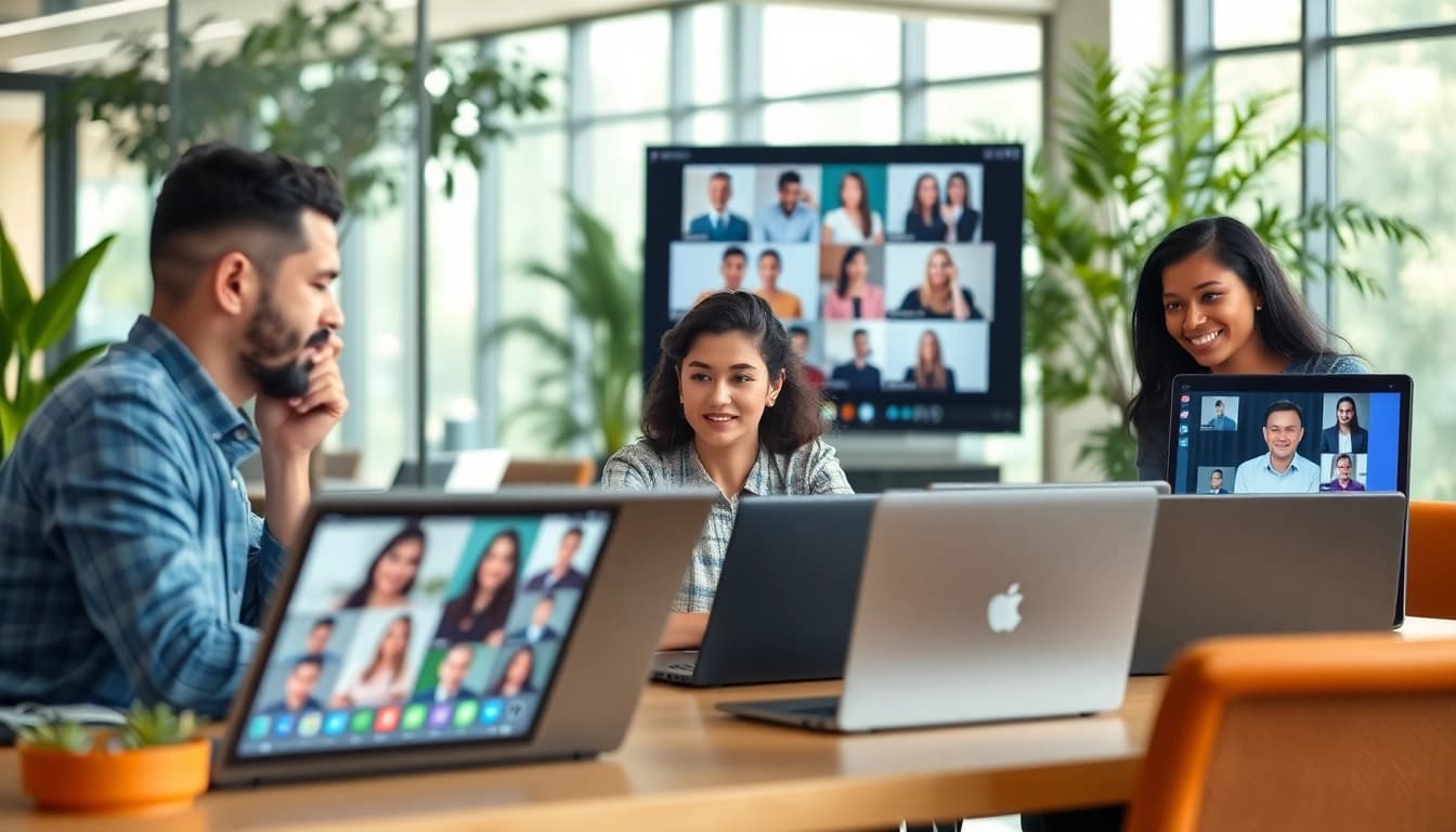 Engaged employees collaborating via 微软teams in a modern office setting.